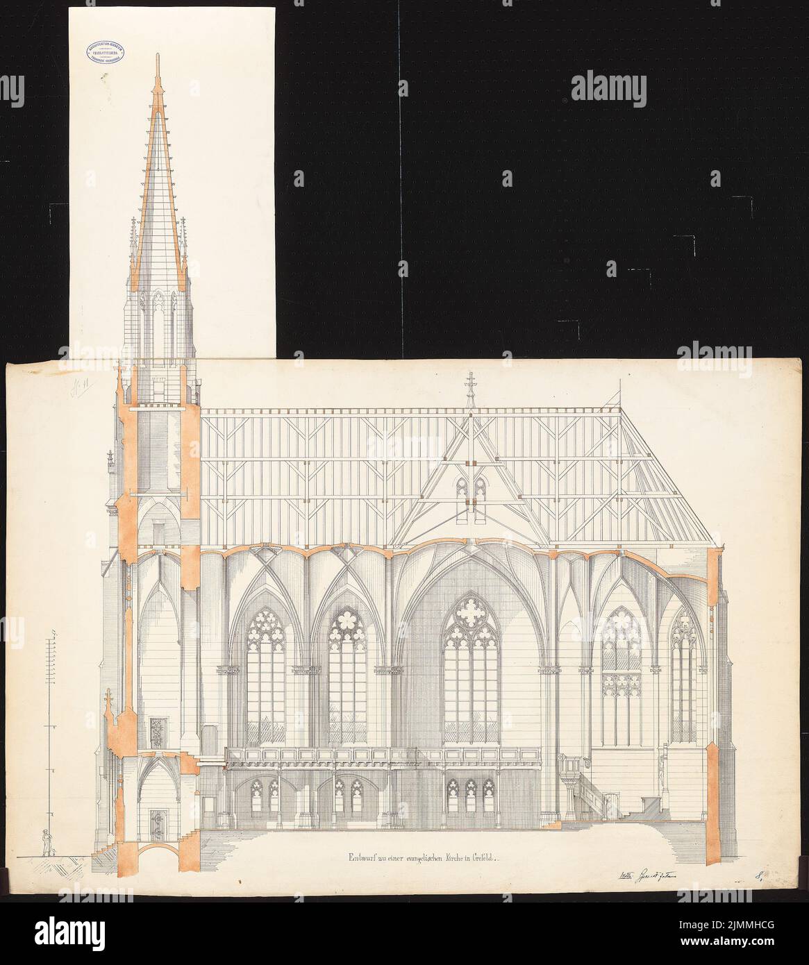 Cremer Robert (1826-1882), Evangelische Kirche, Krefeld: Längsschnitt. Tusche Aquarell auf der Schachtel, 108,7 x 97,5 cm (inklusive Scankante). Stockfoto