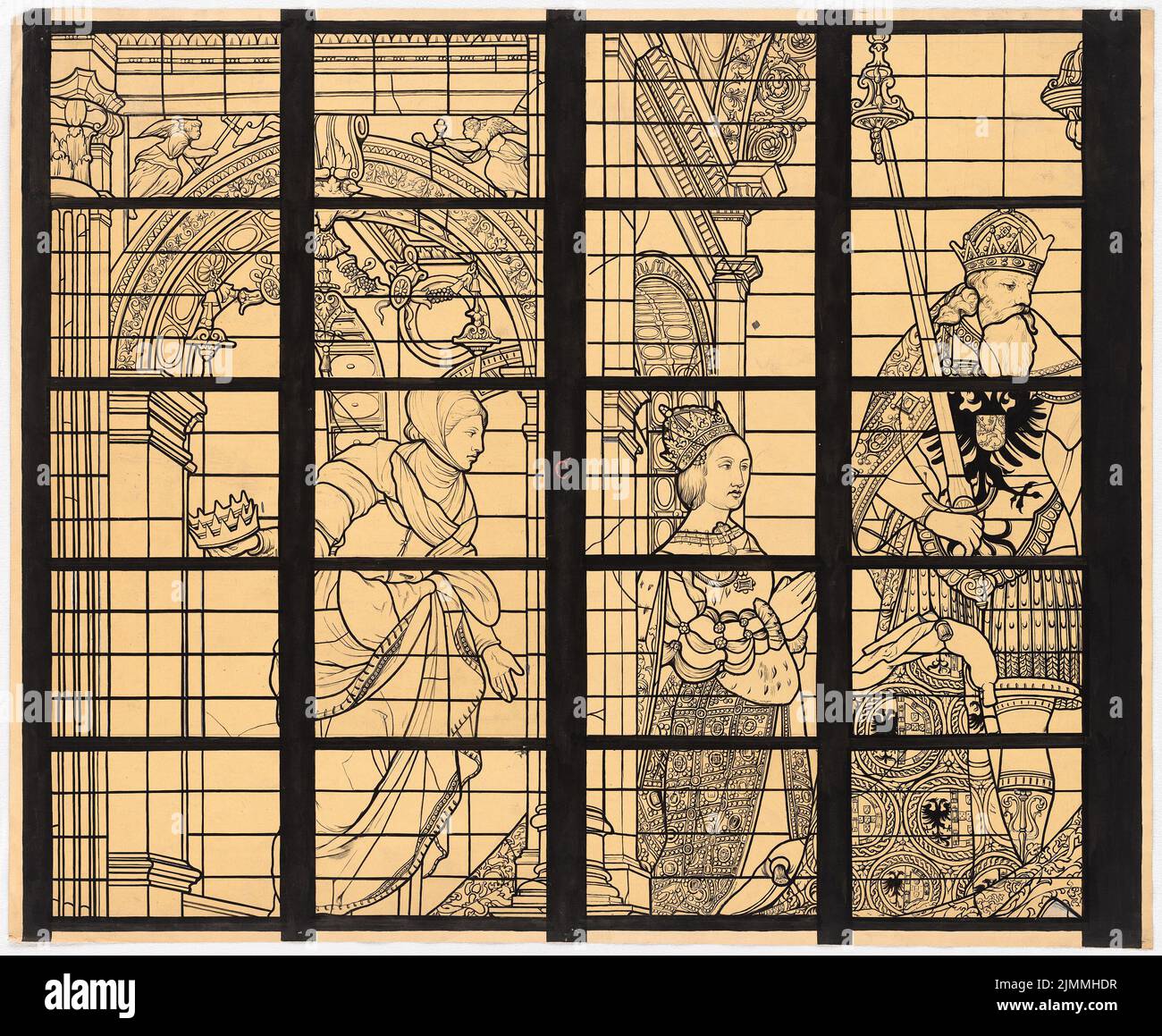 Unbekannter Architekt, Karls-Fenster in der Kathedrale St. Gudula in Brüssel (1537): Karls-großes Fenster des Querschiffs, linke Hälfte, Detailblatt C. Tusche auf Transparent, 71 x 86,3 cm (inkl. Scankanten) Stockfoto
