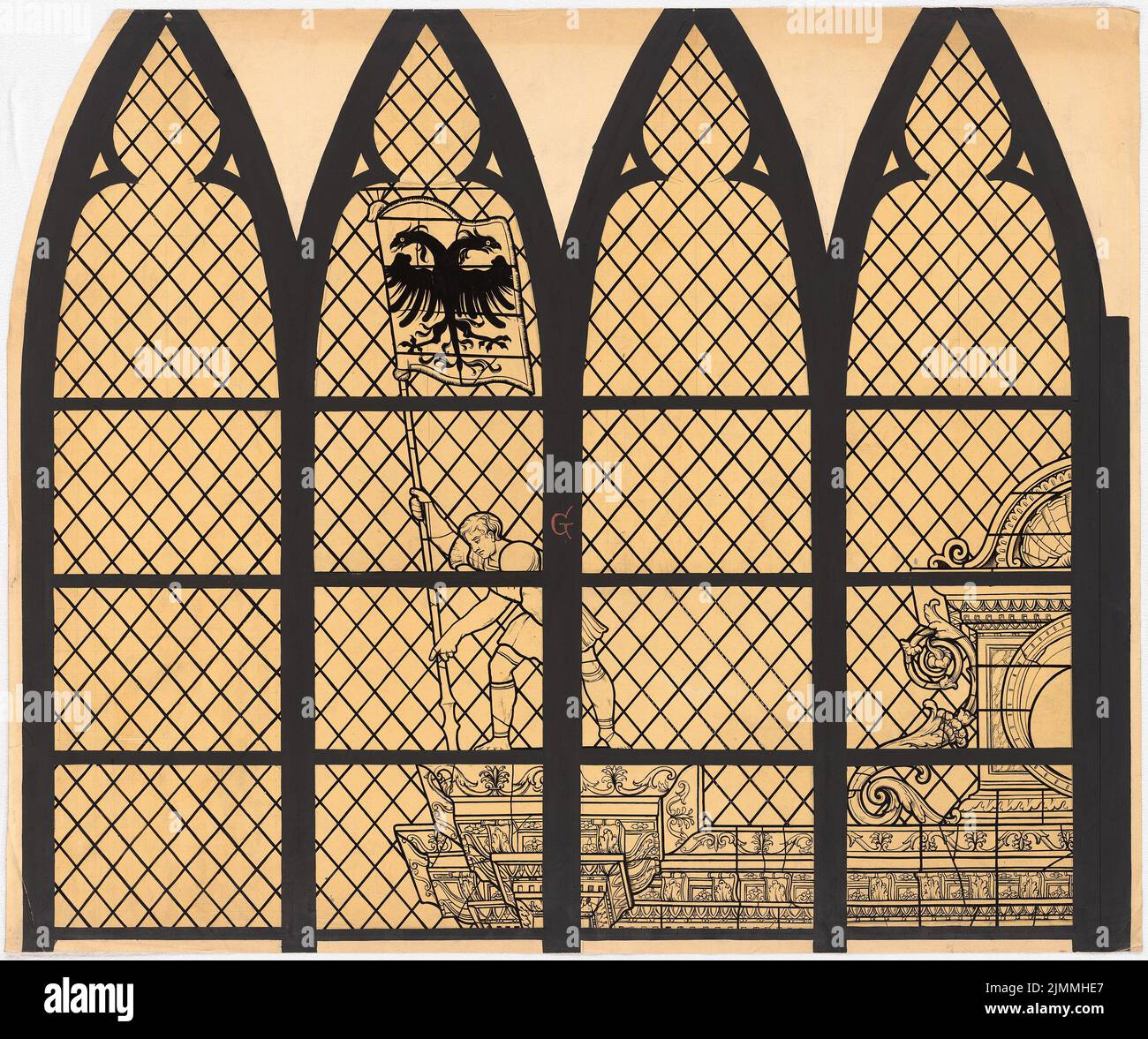 Unbekannter Architekt, Karls-Fenster in der Kathedrale St. Gudula in Brüssel (1537): Karls-Fenster des Querschiffs, linke Hälfte, Detailblatt G. Tusche auf Transparent, 72,4 x 86,6 cm (inkl. Kanten scannen) Stockfoto
