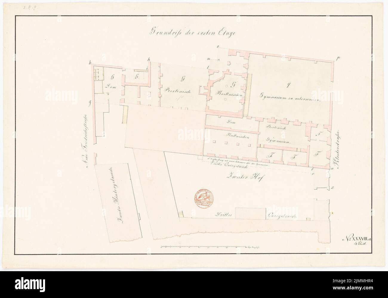 Unbekannter Architekt, Berliner Gymnasium (graues Kloster), Berlin (ohne Jahr): Grundriß der 1.. Etage. Tusche-Aquarell auf der Schachtel, 45,8 x 65,4 cm (einschließlich Scankanten) Stockfoto