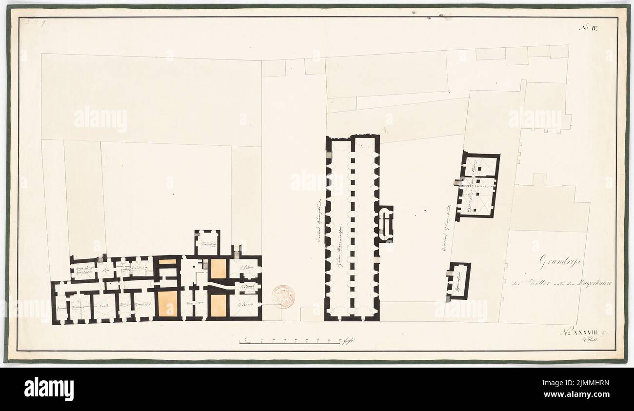 Unbekannter Architekt, Berliner Gymnasium (graues Kloster), Berlin (ohne Jahr): Grundriß des Untergeschosses unter dem Lager. Tinte, Bleistift-Aquarell auf der Schachtel, 50,6 x 87,2 cm (einschließlich Scankanten) Stockfoto