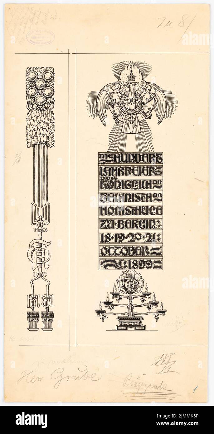 Schmalz Otto (1861-1915), Festschrift zum 100.-jährigen Bestehen der Technischen Universität Berlin-Charlottenburg. Dilment Designs (1899): Buchschmuck. Tinte, Bleistift auf Papier, 63,9 x 33,8 cm (einschließlich Scankanten) Stockfoto