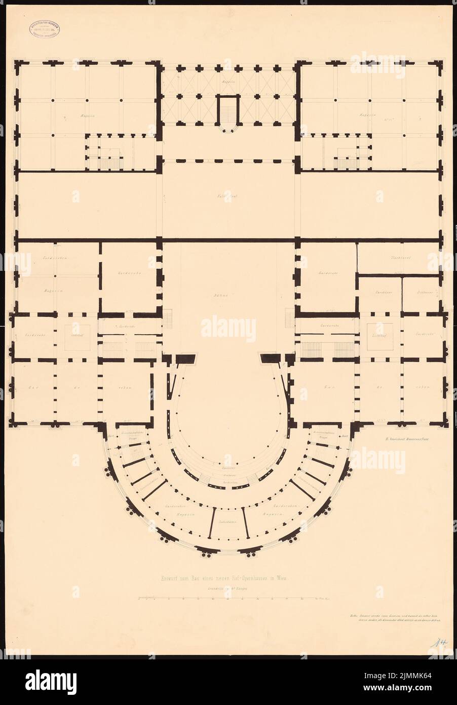 Schirrmacher Georg Theodor (1833-1864), Hofoper Wien (1861): Grundriss 4. Platz. Tinte auf Karton, 98 x 68 cm (einschließlich Scankanten) Stockfoto