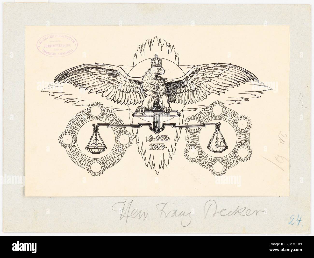 Schmalz Otto (1861-1915), Festschrift zum 100.-jährigen Bestehen der Technischen Universität Berlin-Charlottenburg. Dilment Designs (1899): Buchschmuck. Tinte, Bleistift auf Papier, 26 x 34,5 cm (einschließlich Scankanten) Stockfoto