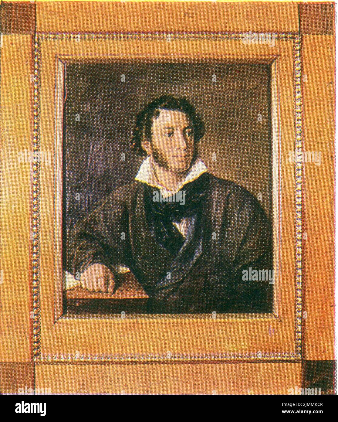 Alexander Sergejewitsch Puschkin (russisch: Александр Сергеевич Пушкин, tr. Alexander Sergejewitsch Puschkin; 6. Juni [O.S. 26. Mai] 1799. – 10. Februar [O.S. 29. Januar] 1837) war ein russischer Dichter, Dramatiker und Romantiker. Alte Postkarte aus der UdSSR, 1974. Stockfoto