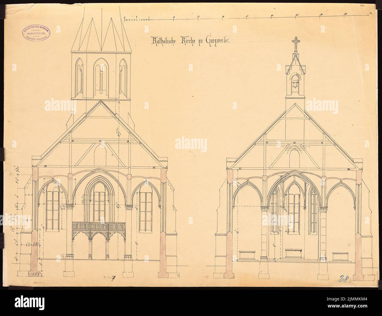 Schmidt Friedrich von (1825-1891), Katholische Kirche, Garzweiler (ohne Jahr): 2 Querschnitte. Tinte, Bleistift auf Karton, 46,8 x 61,9 cm (inklusive Scankanten) Stockfoto