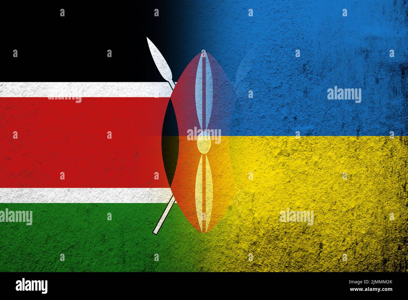 Die Republik Kenia Nationalflagge mit Nationalflagge der Ukraine. Grungen Hintergrund Stockfoto