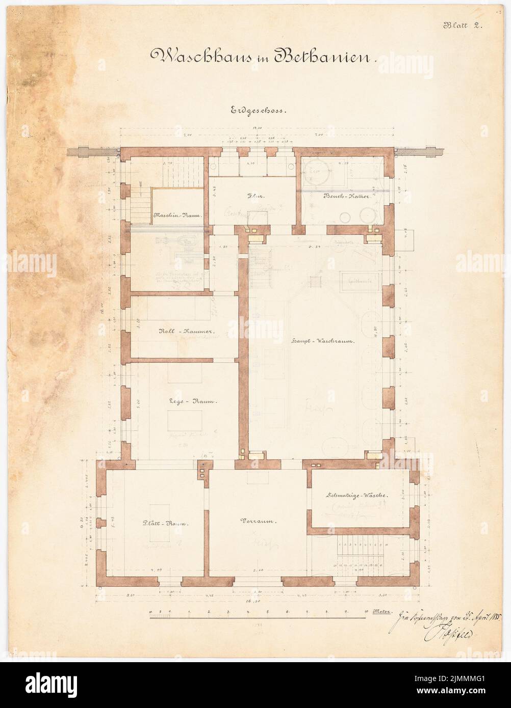 Hossfeld Oskar (1848-1915), Evangelisches Diakonsekrankenhaus in Bethanien in Berlin-Kreuzberg. Waschhaus (04/25/1885): Grundriss EG 1:50. Tinte und Bleistift, Wasserfarben auf der Schachtel, 67,3 x 51,9 cm (einschließlich Scankanten) Stockfoto