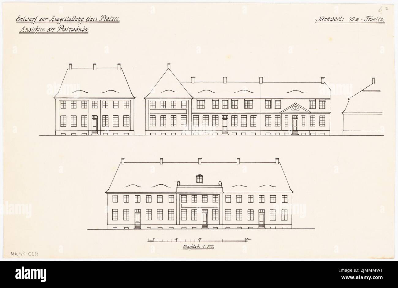 Unbekannter Architekt, Raum. Monatlicher Wettbewerb April 1919 (04,1919): Riss 2 Straßenansichten 1: 200. Skalenbalken. Tinte auf Karton, 28,1 x 43 cm (einschließlich Scankanten) Stockfoto