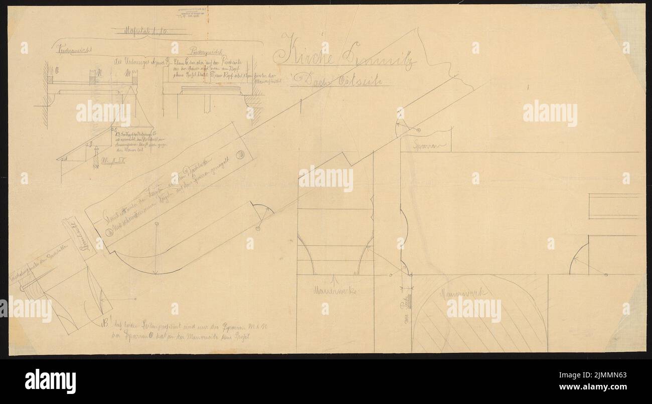 DIMM Ludwig (1849-1928), Kirche, Demnitz/Mark. Umbau (1909): Dach der Außentreppe, Ostseite, Details 1:10, 1:50, 1: 1. Bleistift auf Transparent, 68,8 x 125 cm (einschließlich Scankanten) Stockfoto