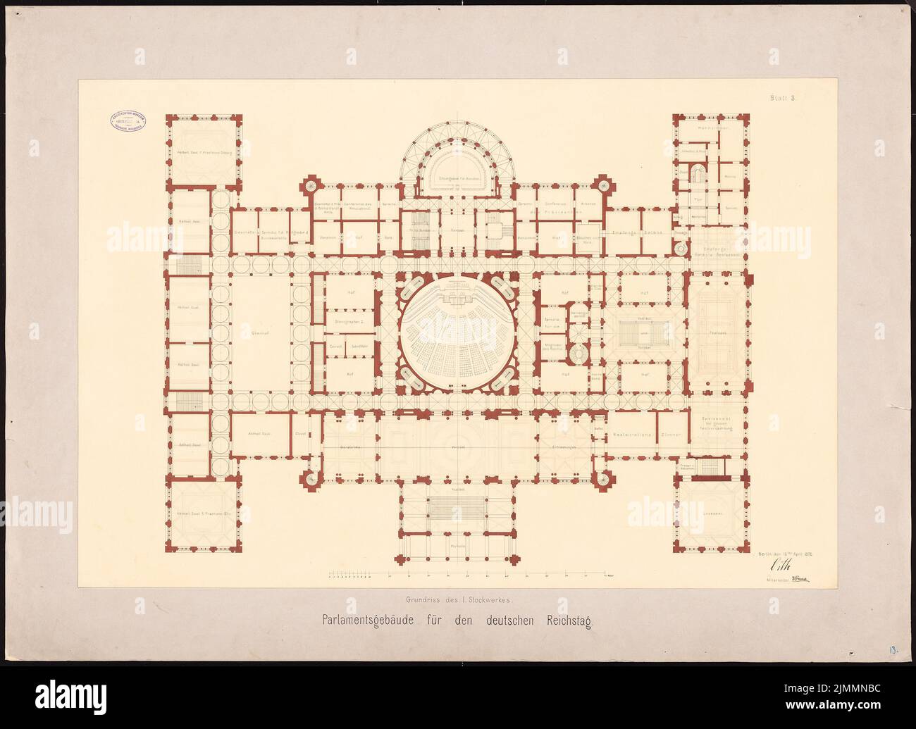 Orth August (1828-1901), Reichstag, Berlin (15. April 1872): Grundriss 1.. Tinte, Tinte farbig, Aquarell auf Papier, 85 x 116,8 cm (einschließlich Scankanten) Stockfoto