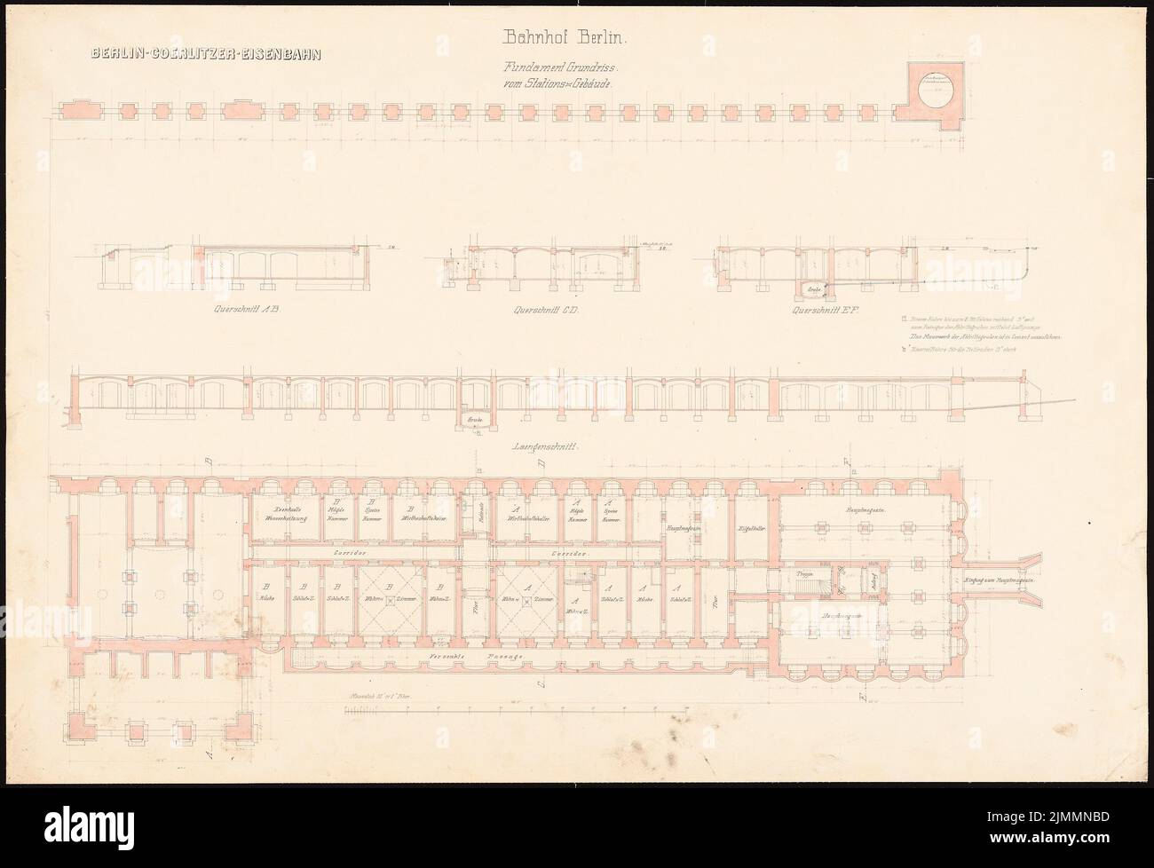 Orth August (1828-1901), Bahnhof Görlitz in Berlin (1866): grundrissplan und Längsschnitt, Fußnoten. Tinte, Tinte farbig auf Karton, 66,1 x 96,7 cm (inklusive Scankanten) Stockfoto