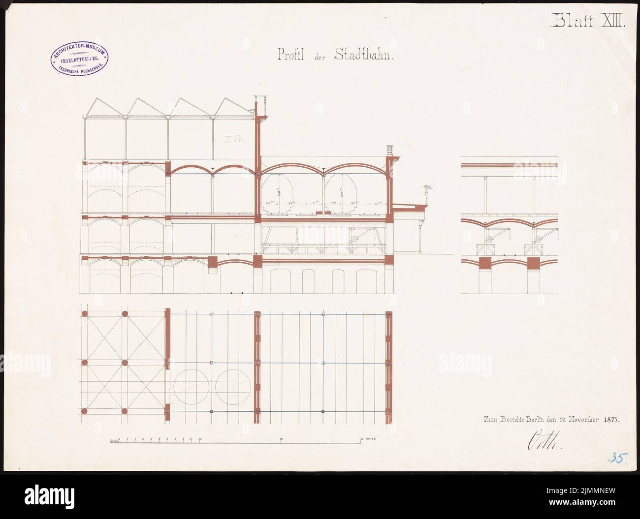 Orth August (1828-1901), Kunstsammlung auf der Museumsinsel, Berlin. Projekt II (30. November 1875): Stadtbahn-Unterführung: Grundrisse, Schnitte. Tinte, Tinte farbig, Aquarell auf Papier, 37 x 49,8 cm (einschließlich Scankanten) Stockfoto