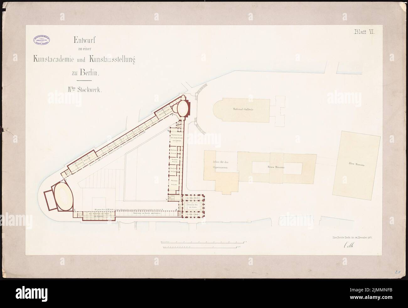 Orth August (1828-1901), Kunstsammlung auf der Museumsinsel, Berlin. Projekt II (30. November 1875): Gesamtgeschossplan 4. Stockwerke. Tinte, Bleistift, Wasserfarben auf Papier, 77,9 x 113,4 cm (einschließlich Scankanten) Stockfoto