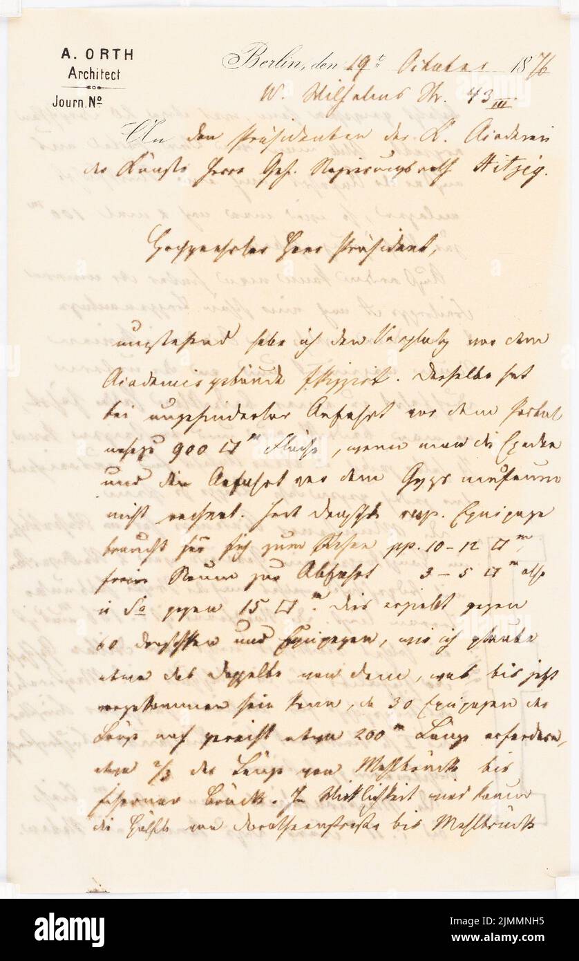 Orth August (1828-1901), Kunstsammlung auf der Museumsinsel, Berlin. Projekt II (19. Oktober 1876): Brief Orth an Hitzig vom 19. Oktober 1876. Tinte auf Transparent, 22,3 x 14,4 cm (einschließlich Scankanten) Stockfoto