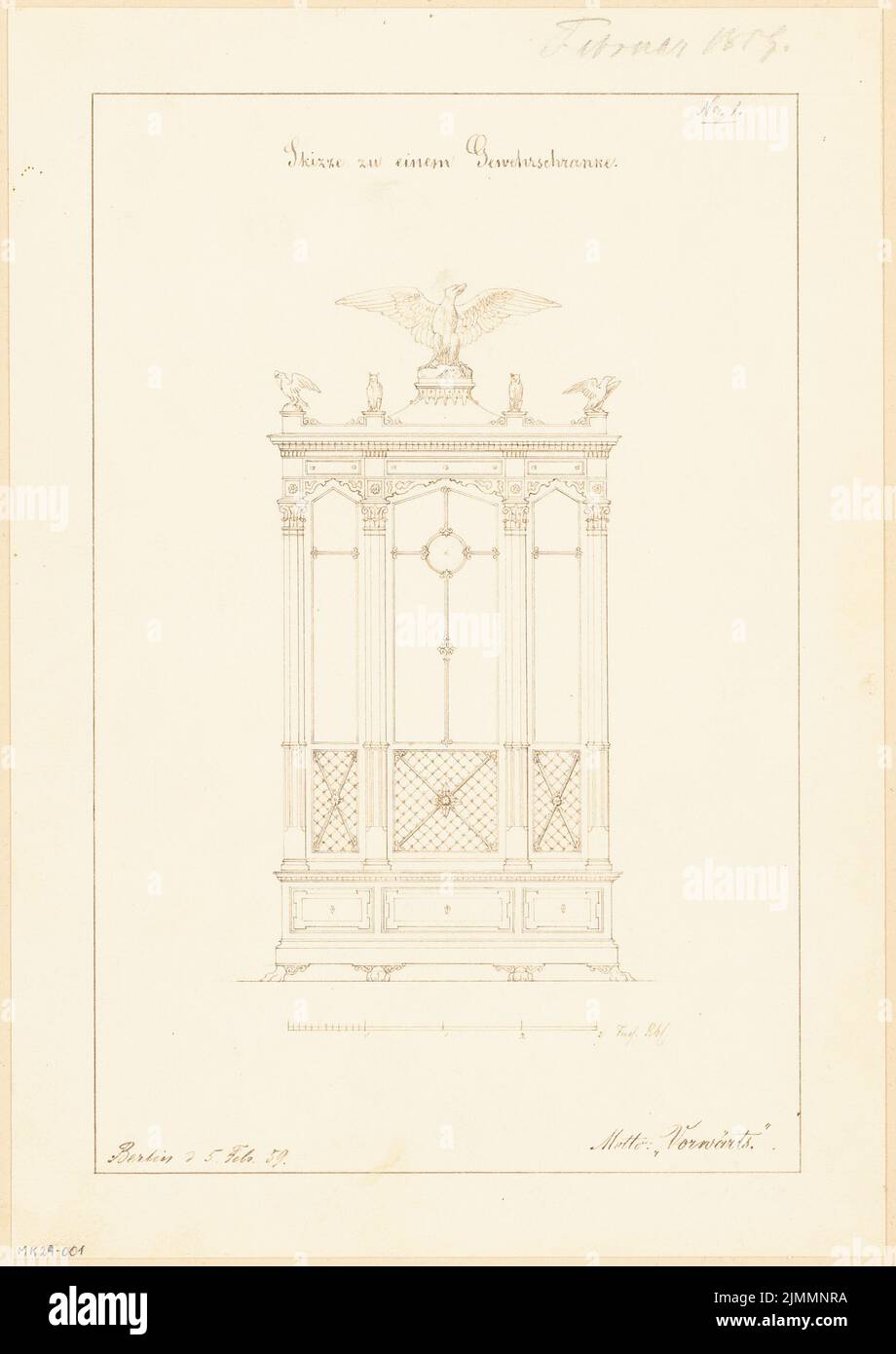 Schröter Victor (1839-1901), Gewehrschrank. Monatlicher Wettbewerb 1859. Februar (02,1859): Riss Vorderansicht; Skalenbalken. Tinte auf Papier, 31,4 x 22,2 cm (einschließlich Scankanten) Stockfoto