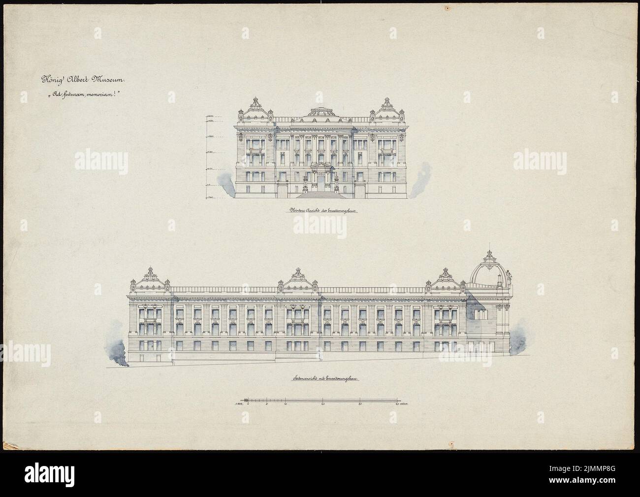 Neckelmann Skjold (1854-1903), König-Albert-Museum in Chemnitz (1899): 2 Ansichten mit Erweiterung 1: 200. Tusche Aquarell auf Papier, 60,6 x 85,6 cm (einschließlich Scankanten) Stockfoto