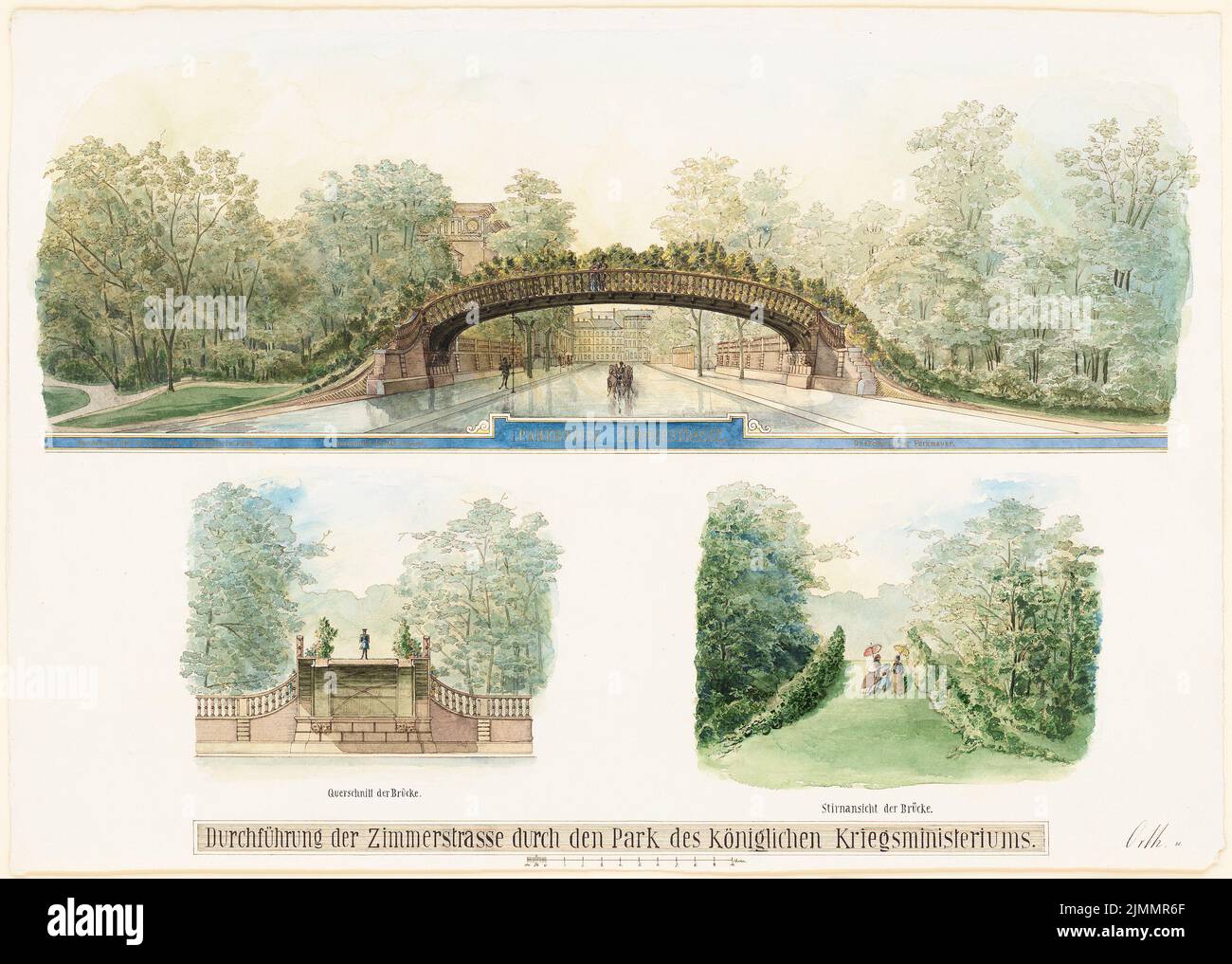 Orth August (1828-1901), Umsetzung der Zimmerstraße durch den Garten des Kriegsministeriums, Berlin (1886): Ansichten und Schnitt des Transfers. Tusche Aquarell auf Papier, 46,7 x 65,5 cm (einschließlich Scankanten) Stockfoto