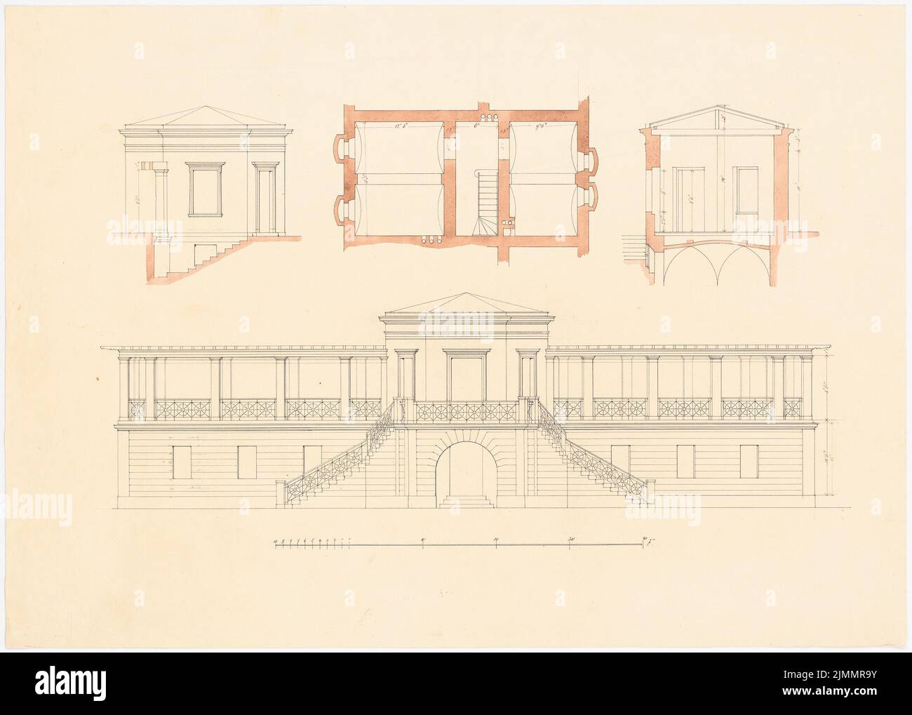 Orth August (1828-1901), Schloss Dr. Strousberg, Zbirow. Umbau (1869): Gärtnerwohnung: Grundriß, Schnitte, Aussicht. Tinte, Tinte Aquarell auf Papier, 46,4 x 64,8 cm (einschließlich Scankanten) Stockfoto