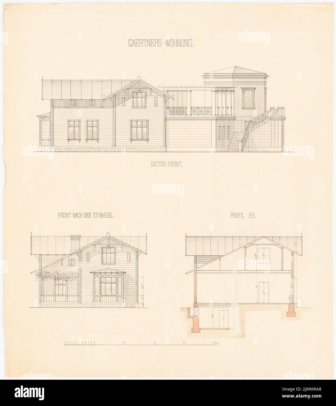 Orth August (1828-1901), Schloss Dr. Strousberg, Zbirow. Umbau (1869): Gärtnerwohnung: Schnitt, Aussicht. Tinte, Tinte farbig, Aquarell auf Papier, 66,2 x 58,7 cm (einschließlich Scankanten) Stockfoto