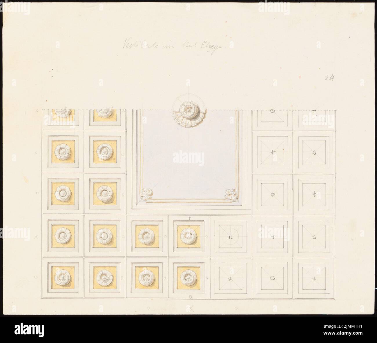 Bitzert L., Deckenentwürfe für ein unbekanntes Gebäude S.K.H. (1849): Vestibüle der Beletage. Tinte, Bleistift, Wasserfarben auf Papier, 22,3 x 26,5 cm (einschließlich Scankanten) Stockfoto