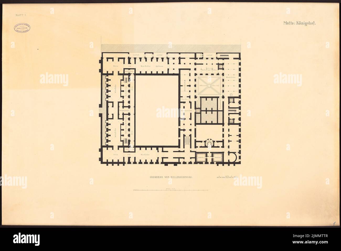 Deutz Heinrich, Gasthof 1. Wir haben für Berlin angerufen. Schinkel Wettbewerb 1865 (1864): Grundriß KG. Tinte auf Karton, 63,8 x 95,6 cm (einschließlich Scankanten) Stockfoto