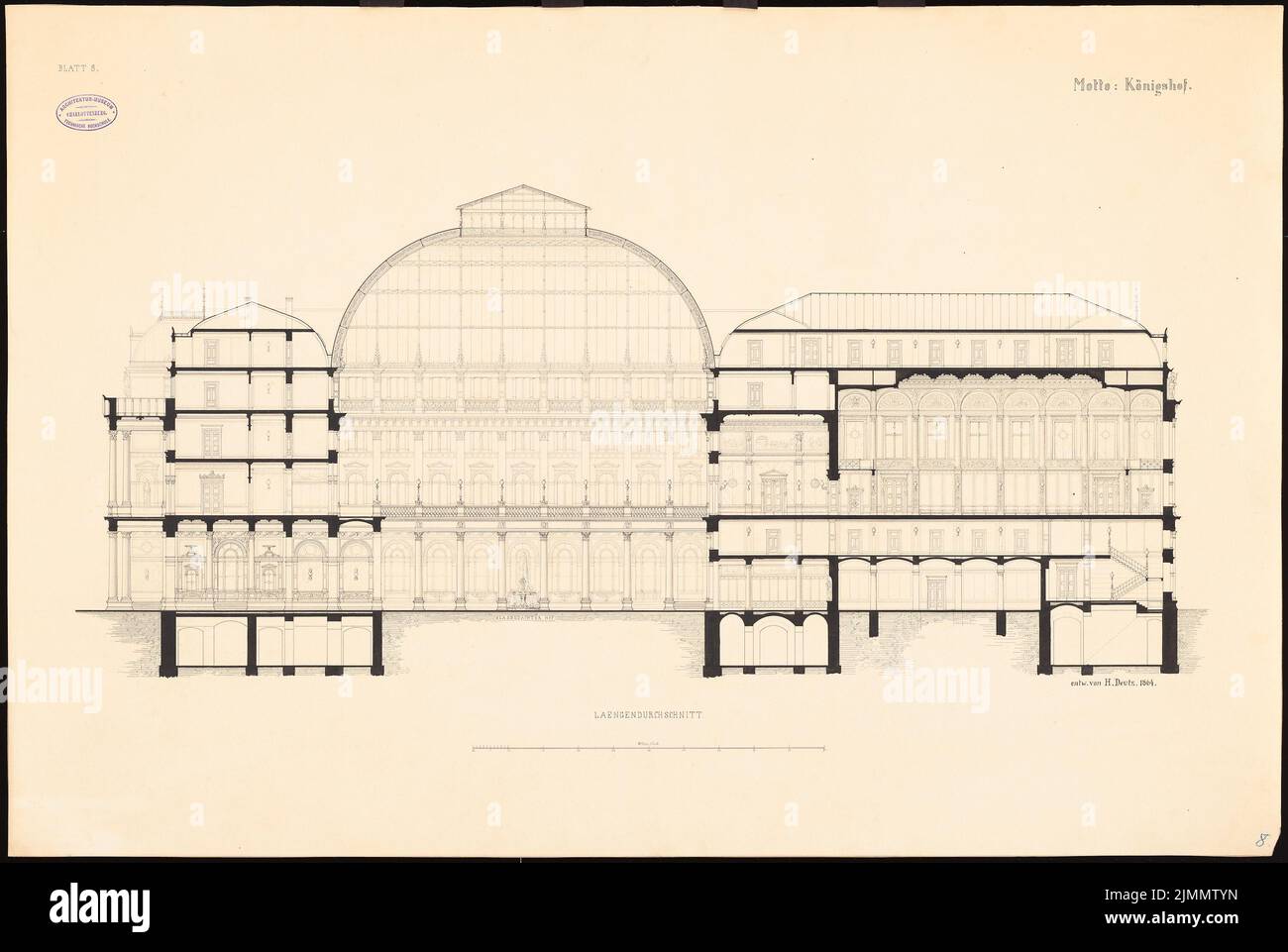 Deutz Heinrich, Gasthof 1. Wir haben für Berlin angerufen. Schinkel Wettbewerb 1865 (1864): Längsschnitt mit Innenansicht. Tinte auf Karton, 64 x 95,4 cm (einschließlich Scankanten) Stockfoto