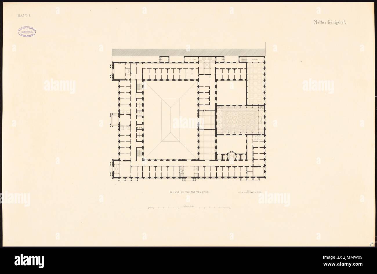 Deutz Heinrich, Gasthof 1. Wir haben für Berlin angerufen. Schinkel-Wettbewerb 1865 (1864): Grundriß 2. Tinte auf Karton, 63,2 x 95,8 cm (inklusive Scankanten) Stockfoto