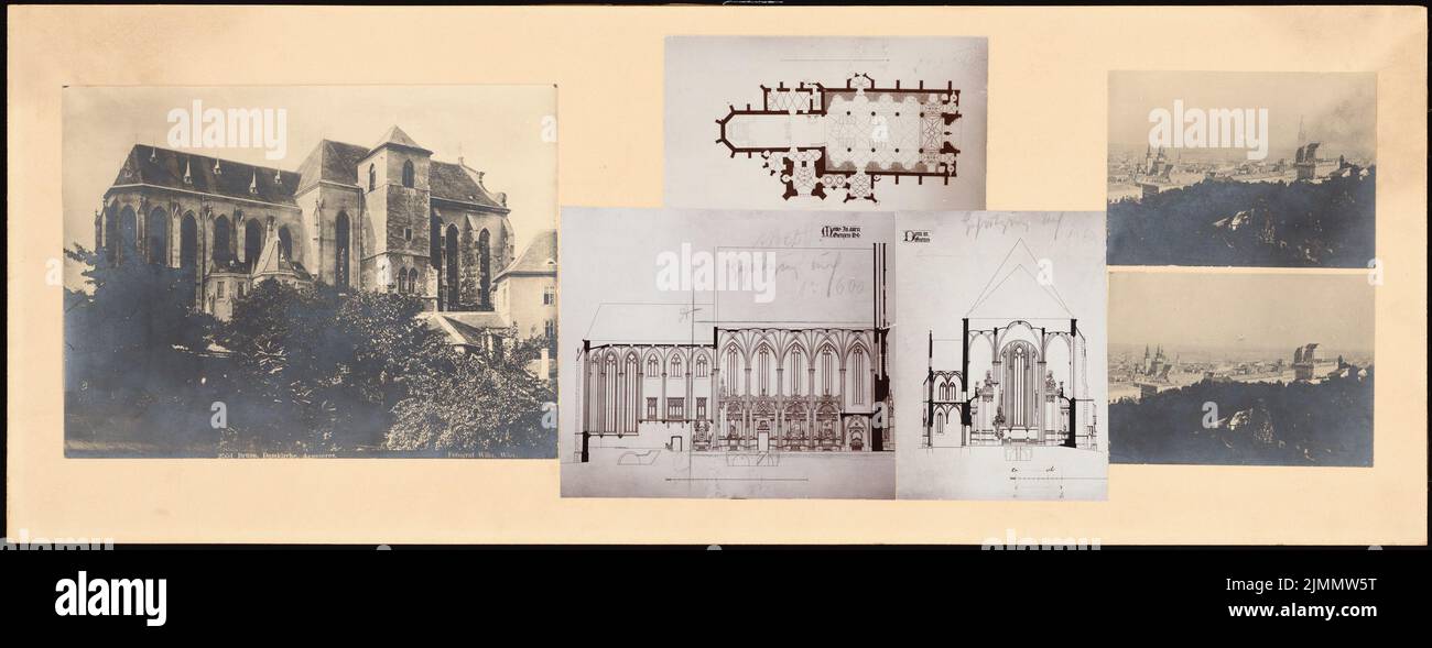 Dihm Ludwig (1849-1928), Turm zum Dom, Brno (1901): Grundriß, Längs- und Querschnitt, Stadtpanorama mit gezogenem Turm. 6 Fotos auf Karton, 28,1 x 73,1 cm (inklusive Scankanten) Stockfoto