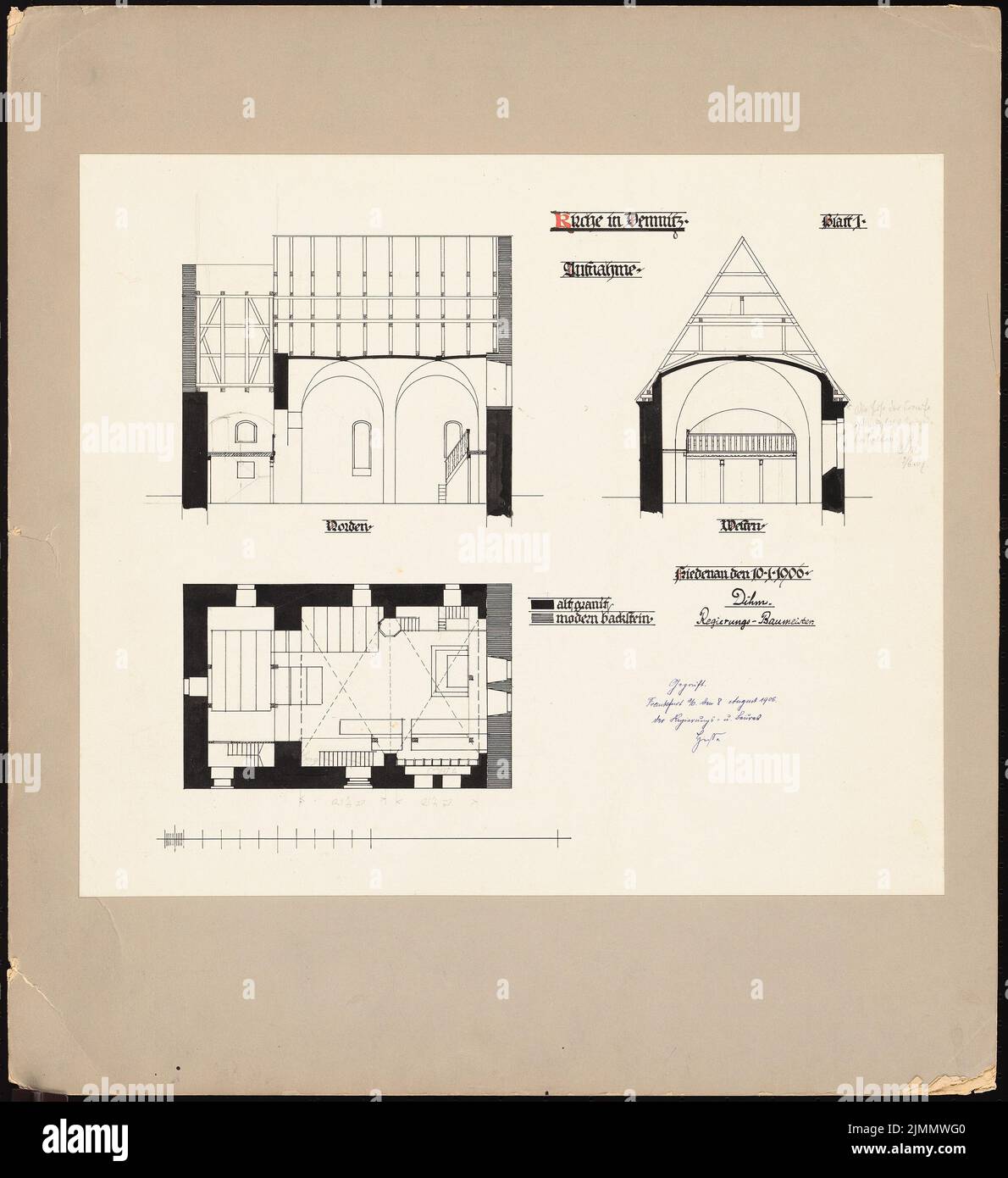 DIMM Ludwig (1849-1928), Kirche, Demnitz/Mark. Umbau (01/10/1906): Grundriß, Längs- und Querschnitt. Tinte auf Papier, 58,6 x 53,6 cm (einschließlich Scankanten) Stockfoto