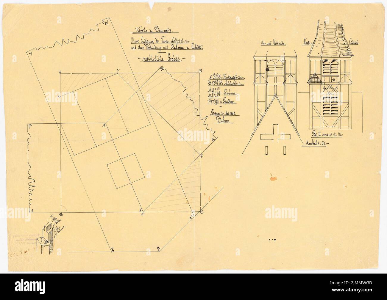 DIMM Ludwig (1849-1928), Kirche, Demnitz/Mark. Umbau (1909): Glockenturm: Details 1: 1, Aufrufe 1:50. Tinte auf Transparent, 54,8 x 77,4 cm (einschließlich Scankanten) Stockfoto