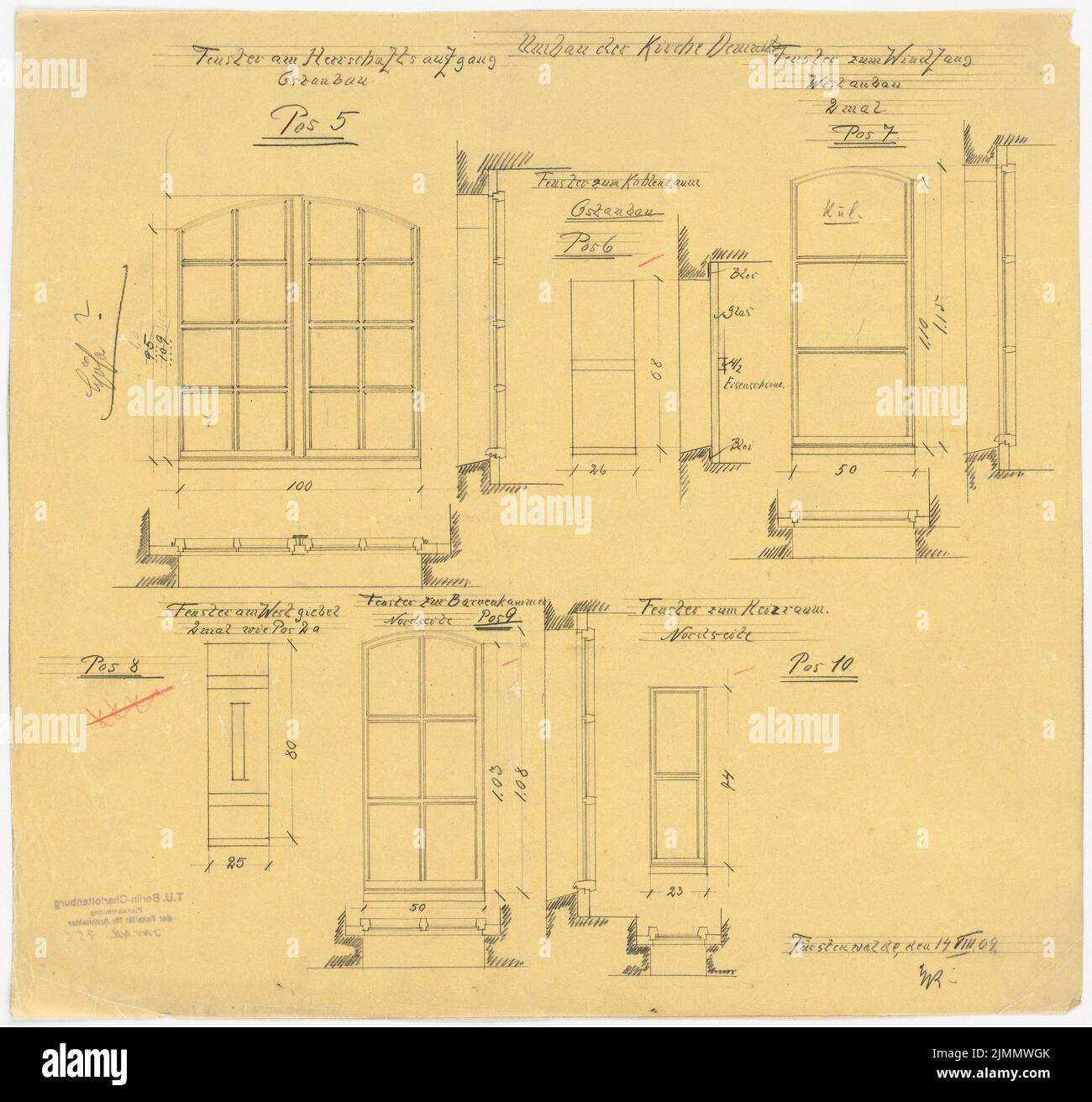 DIMM Ludwig (1849-1928), Kirche, Demnitz/Mark. Umbau (14.08.1909): Fensterdetails zum Ostgebäude 1:10 (Bauvorlage). Bleistift auf Transparent, 42,2 x 44,9 cm (einschließlich Scankanten) Stockfoto