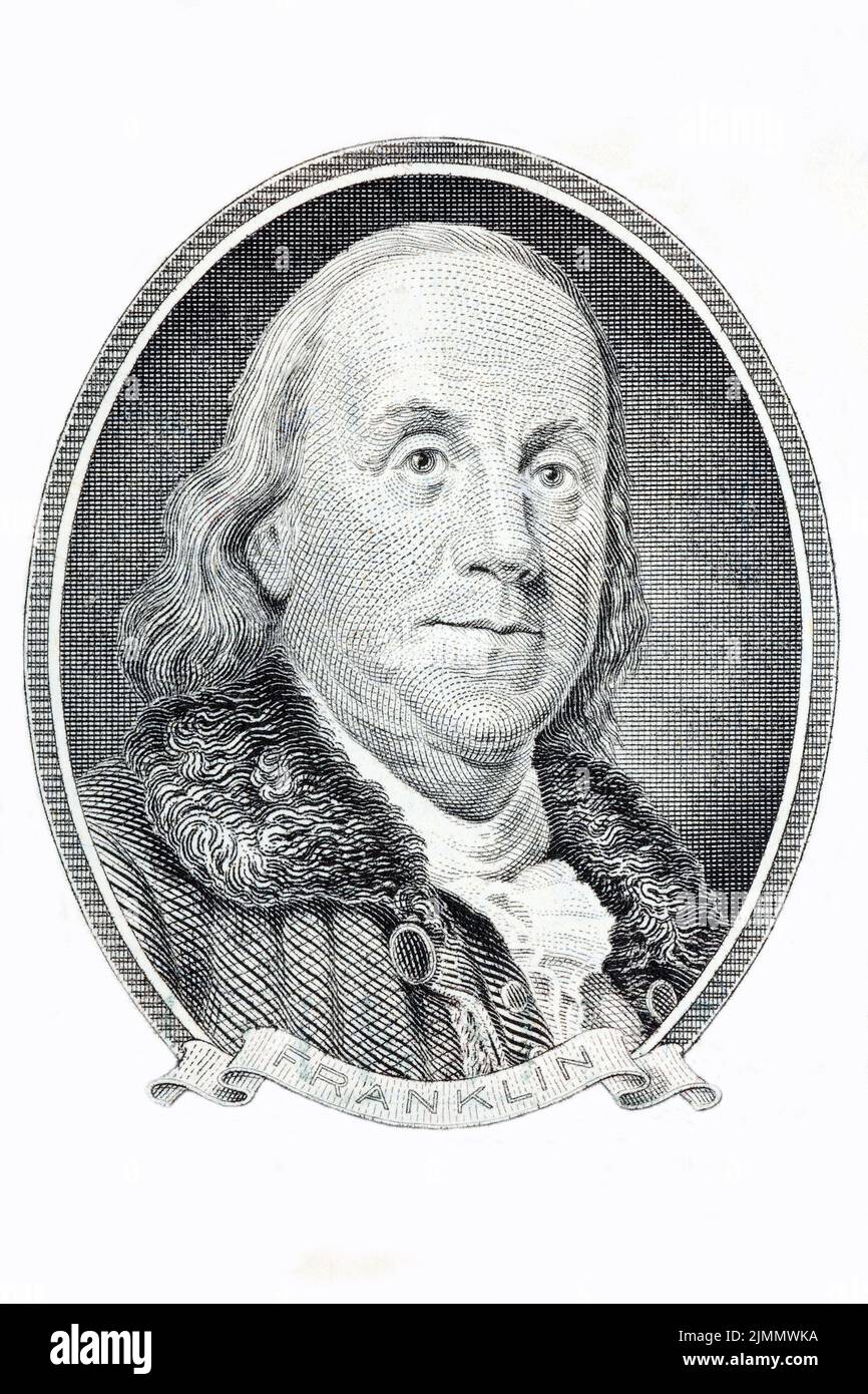 Benjamin Franklin Portrait auf weißem Hintergrund Stockfoto