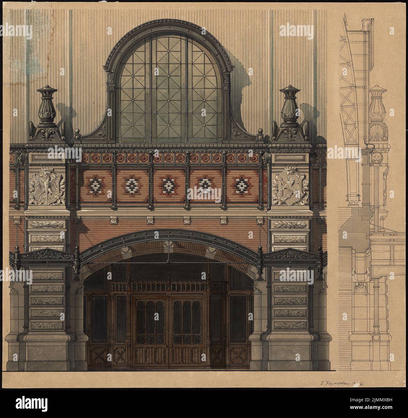 Jacobsthal Johann Eduard (1839-1902), Stadtbahnhof Berlin-Alexanderplatz. Portal (1880-1880): Ansicht. Tusche Aquarell, weiß auf Karton aufgezogen, 56,2 x 58,8 cm (inklusive Scankanten) Stockfoto