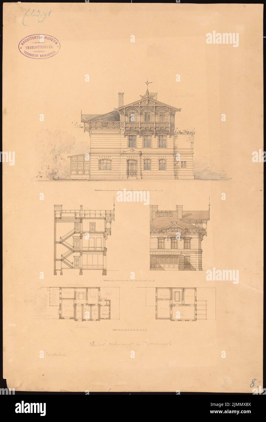 Jacobsthal Johann Eduard (1839-1902), kleines Haus in Kreuznach (ohne Jahr): Grundrisse, Aussicht, Schnitt. Tinte Aquarell, weiß auf Karton aufgezogen, 42,5 x 28,7 cm (inklusive Scankanten) Stockfoto