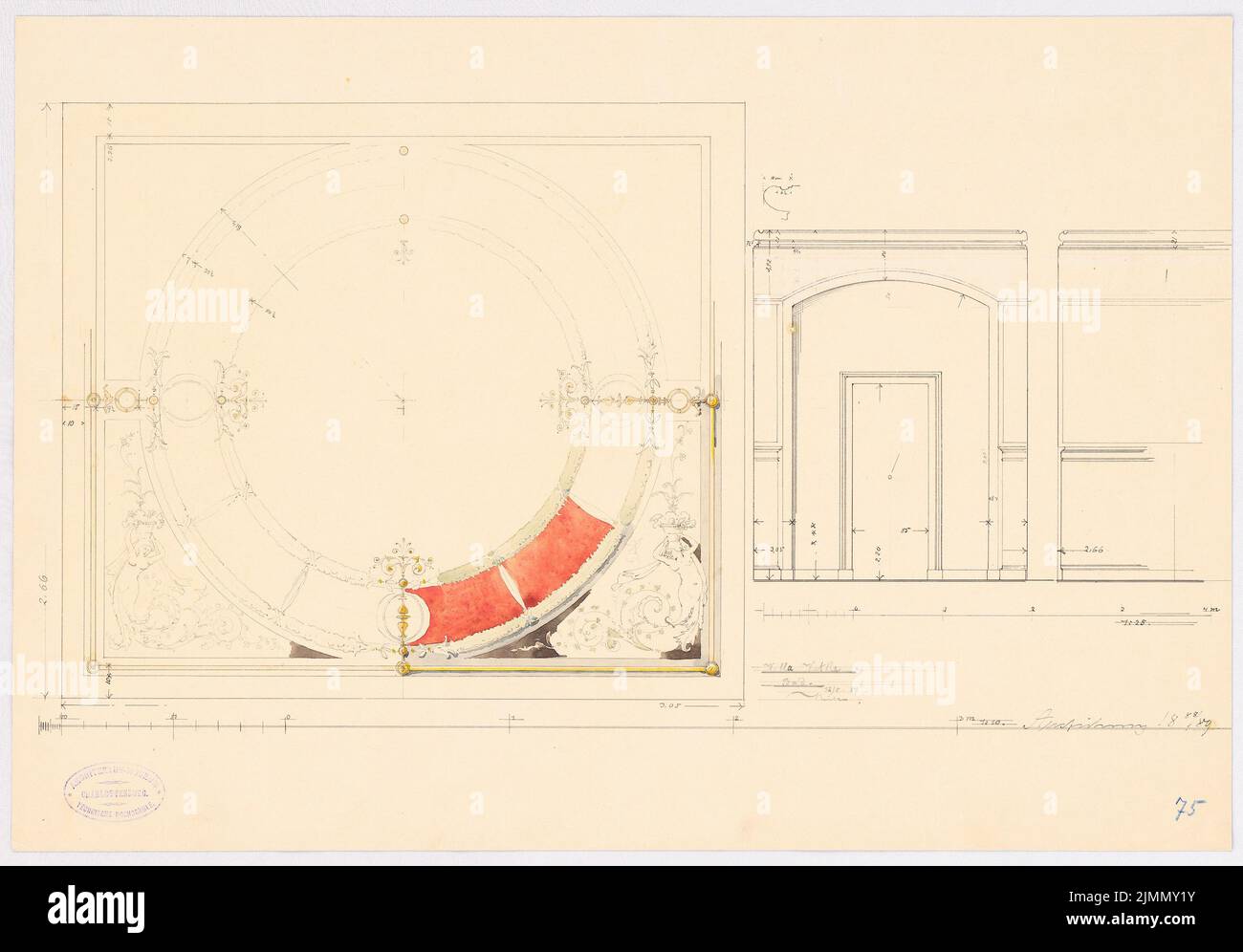 Kühn Bernhard (1838-1917), Villa Dr. Vattke in Berlin-Lichterfelde (12.05.1889): Abmessungen für die Badversion, Deckenstuck in Sicht und Schnitt 1:10. Tusche-Aquarell auf der Schachtel, 38,6 x 55,4 cm (einschließlich Scankanten) Stockfoto