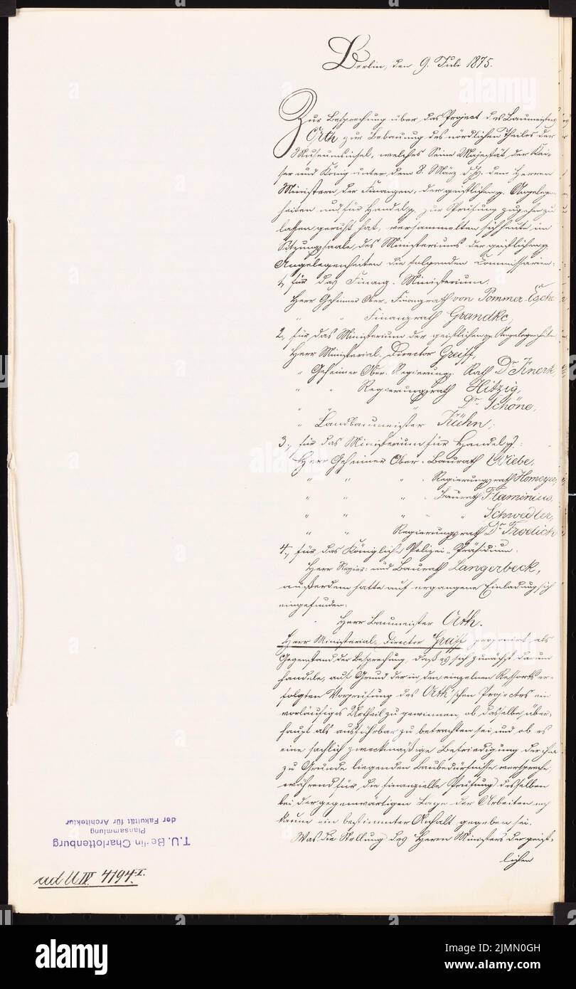 Orth August (1828-1901), Kunstsammlung auf der Museumsinsel, Berlin. Projekt I (07/07/1875): Protokoll der Kommission zur Sitzung vom 9. Juli 1875. Tinte auf Papier, 35,7 x 22,3 cm (einschließlich Scankanten) Stockfoto