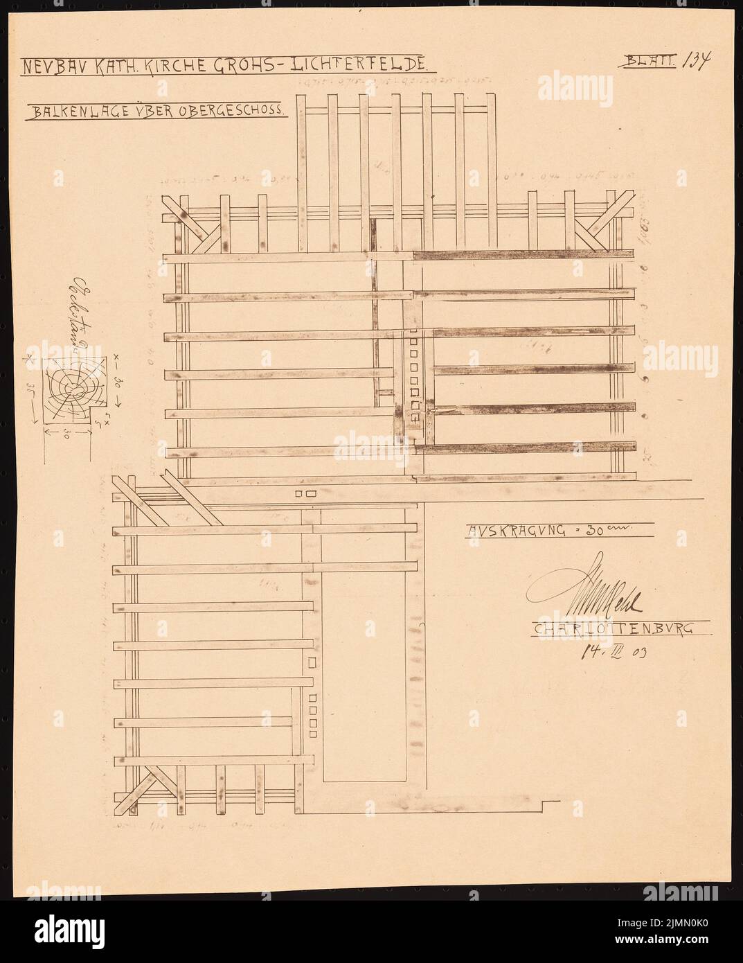 Hehl Christoph (1847-1911), Pfarrhaus der Katholischen Kirche in Berlin-Lichterfelde (14.03.1903): Strahlposition über OG. Leichter Bruch auf Papier, 44,3 x 36,6 cm (einschließlich Scankanten) Stockfoto