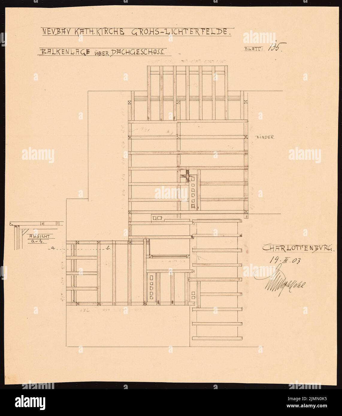 Hehl Christoph (1847-1911), Pfarrhaus der Katholischen Kirche in Berlin-Lichterfelde (14.03.1903): Balkenlage über Dachboden. Leichter Bruch auf Papier, 47,5 x 41,7 cm (einschließlich Scankanten) Stockfoto