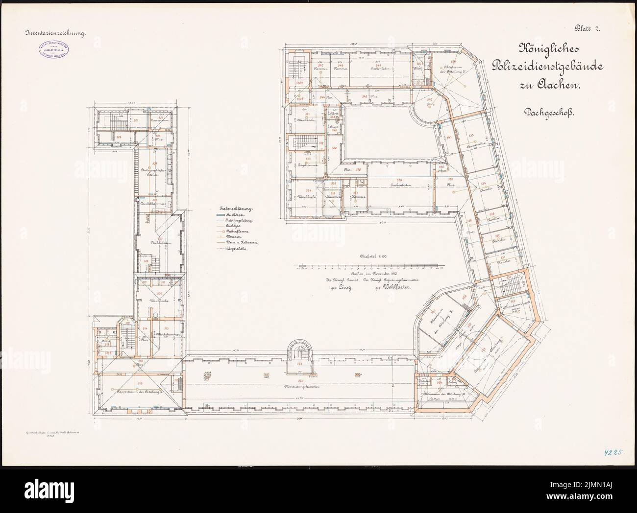 Launer Oskar, Polizeidienstgebäude in Aachen (1907-1910): Grundriß Obergeschoß 1: 100. Lithographie, 70,9 x 96,2 cm (einschließlich Scankanten) Stockfoto