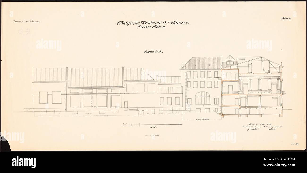 Ich Ernst von (1848-1917), Akademie der Künste, Berlin. Umbau und Neubau (1904-1907): Schnitt 1: 100. Lithographie, 57,3 x 115,6 cm (einschließlich Scankanten) Stockfoto