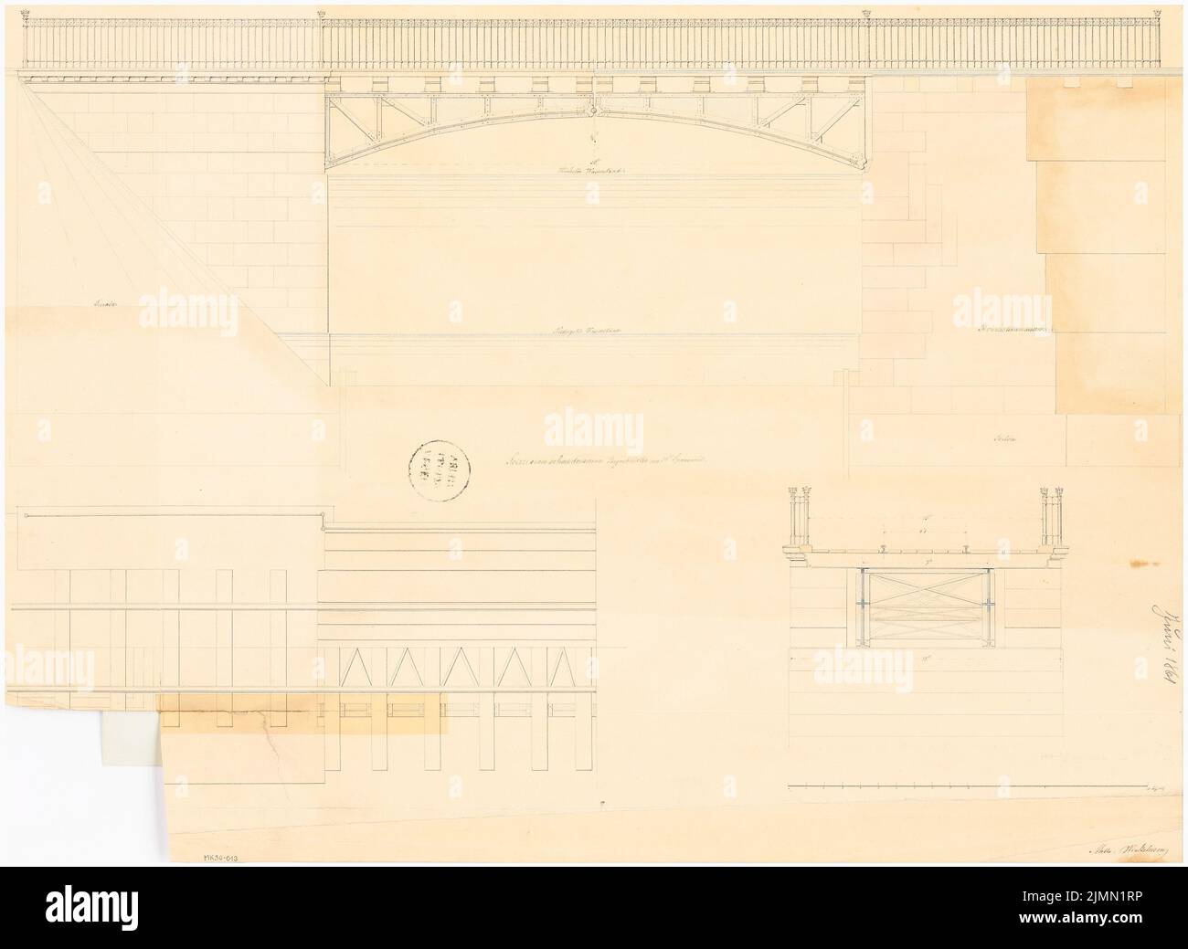 Schäffer Theodor (geb. 1839), schmiedeeiserne Bogenbrücke. Monatlicher Wettbewerb 1861. Juni (06,1861): Grundriss (Auszug), Seitenansicht, Querschnitt; Skalenbalken. Tusche Aquarell auf Papier, 48,1 x 65,8 cm (einschließlich Scankanten) Stockfoto