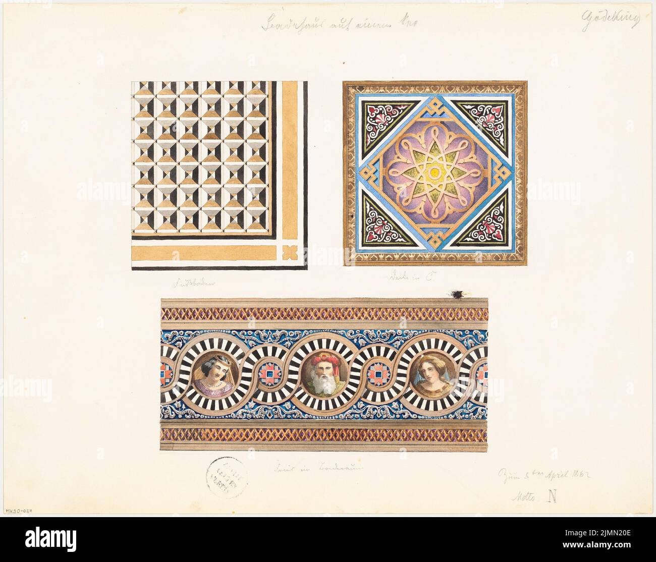 Gödeking Heinrich (geb. 1839), Badehaus an einem See. Monatlicher Wettbewerb April 1862 (04,1862): 3 Ausschnitte der Decken-, Wand- und Bodendekoration. Tinte und Bleistift, Wasserfarben auf der Schachtel, 42,1 x 53,3 cm (einschließlich Scankanten) Stockfoto