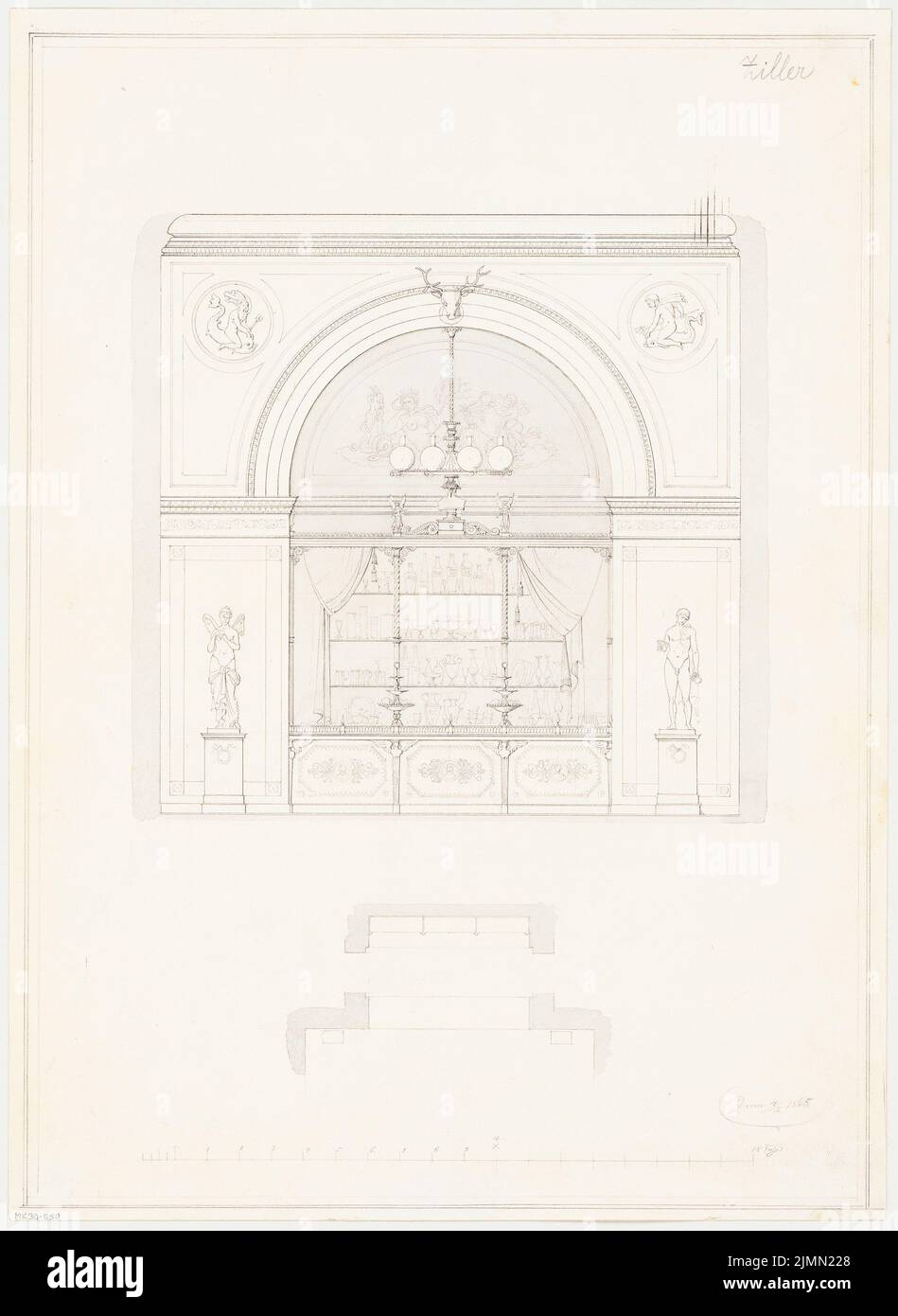 Ziller Ernst (geb. 1833), Buffet für einen Speisesaal. Monatlicher Wettbewerb 1865. Februar (02,1865): Obere, 2 horizontale Schnitte; Skalenbalken. Tinte und Bleistift Aquarell auf der Schachtel, 49,5 x 36,1 cm (einschließlich Scankanten) Stockfoto