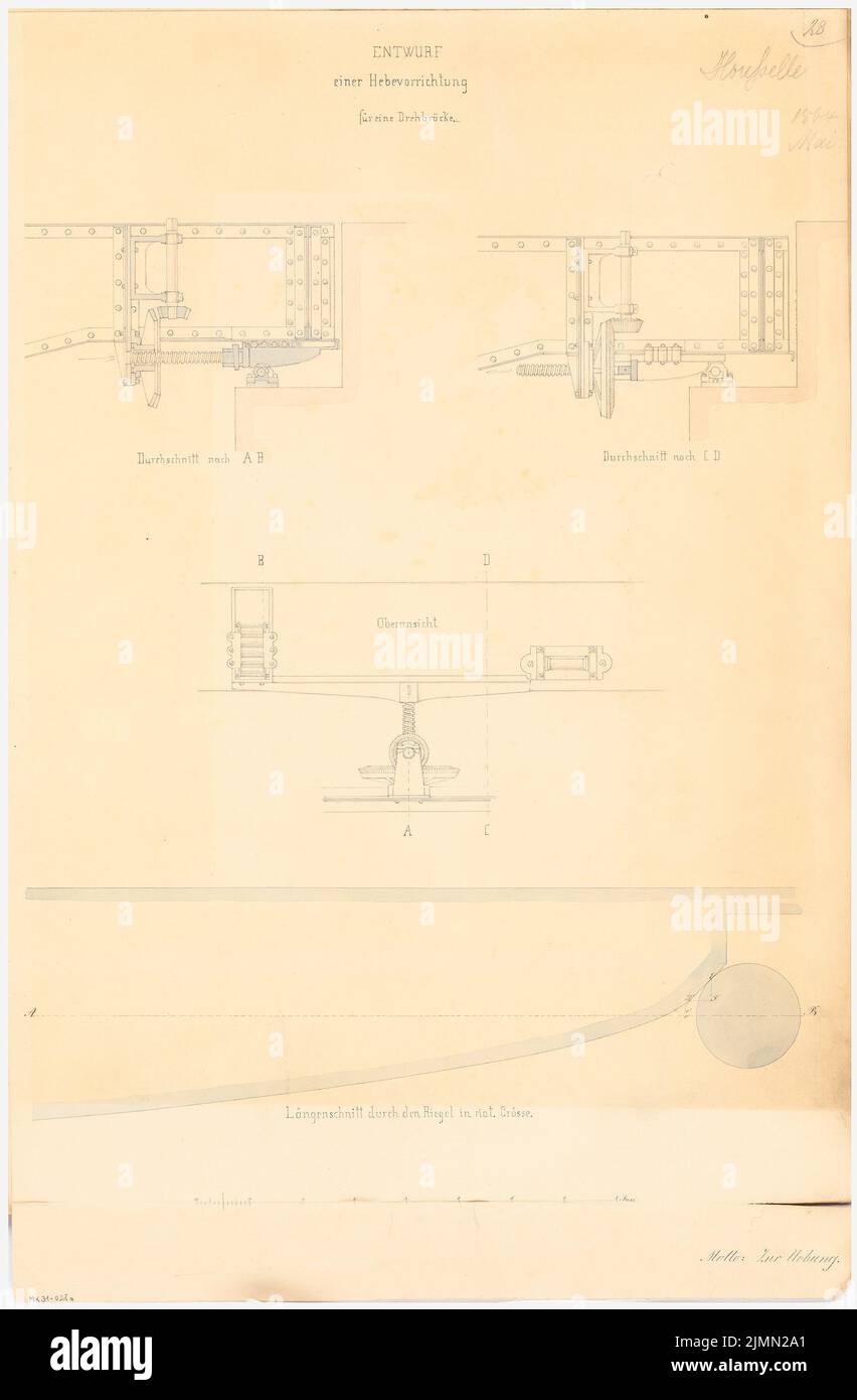 Houlelle Wilhelm (1841-1910), Hebegerät für eine Drehbrücke. Monatlicher Wettbewerb 1864. Mai (05,1864): Typ, 3 Kürzungen. Tusche-Aquarell auf der Schachtel, 65,1 x 42,7 cm (einschließlich Scankanten) Stockfoto