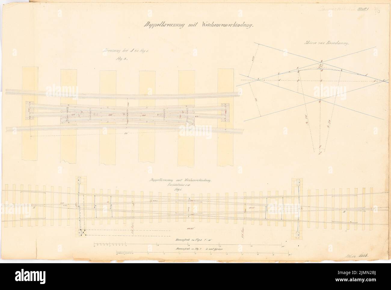 Unbekannter Architekt, Cross-Smooth. Monatlicher Wettbewerb Januar 1866 (01,1866): Grundriss mit Ausschnitt-Vergrößerung, Kalkulationsskizze; Streifen im Maßstab 2. Tusche-Aquarell auf der Schachtel, 43,5 x 64,7 cm (einschließlich Scankanten) Stockfoto