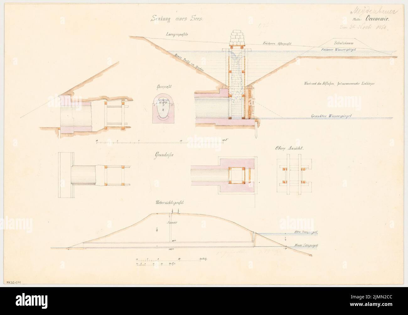 Meydenbauer Albrecht (1834-1921), Entwässerungsanlage zur Reduzierung eines Sees. Monatlicher Wettbewerb November 1866 (11,1866): 3 Grundrissskizzen, Offroad-Schnitt, 2 Längsschnitte, Querschnitt; 2 Maßstabsstreifen. Tusche Aquarell auf Papier, 35,7 x 50,6 cm (einschließlich Scankanten) Stockfoto