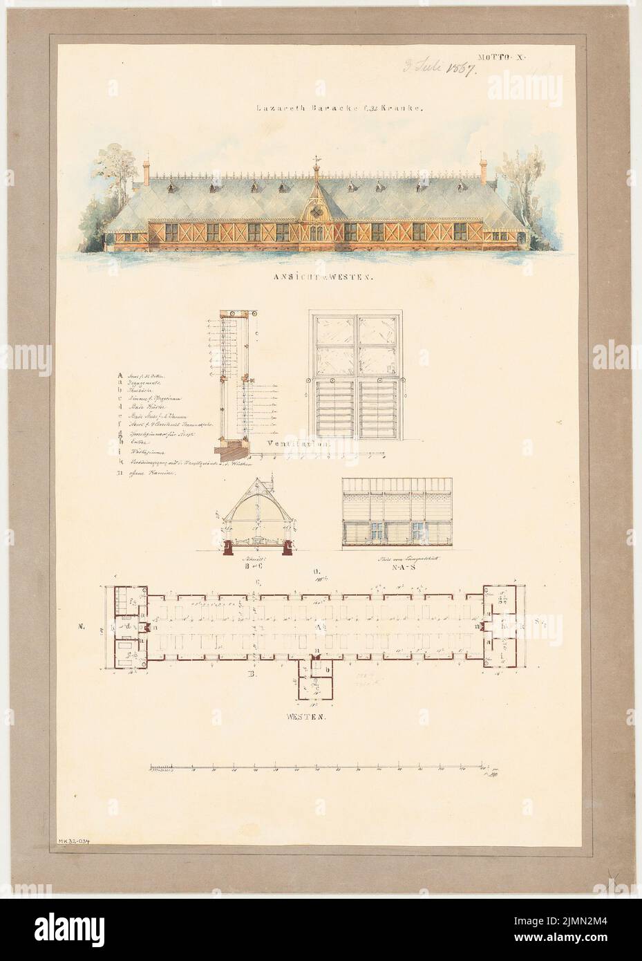 Unbekannter Architekt, Krankenhausbaracke. Monatlicher Wettbewerb Juli 1867 (07,1867): Grundriss, Umriss Seitenansicht, Längsschnitt (Teilschnitt), Querschnitt, Belüftungsfenster in Reiß- und Vertikalschnitt; 2 Maßstabsstreifen, L. Tusche Aquarell auf Papier, 57 x 40,7 cm (inkl. Scankanten) Stockfoto