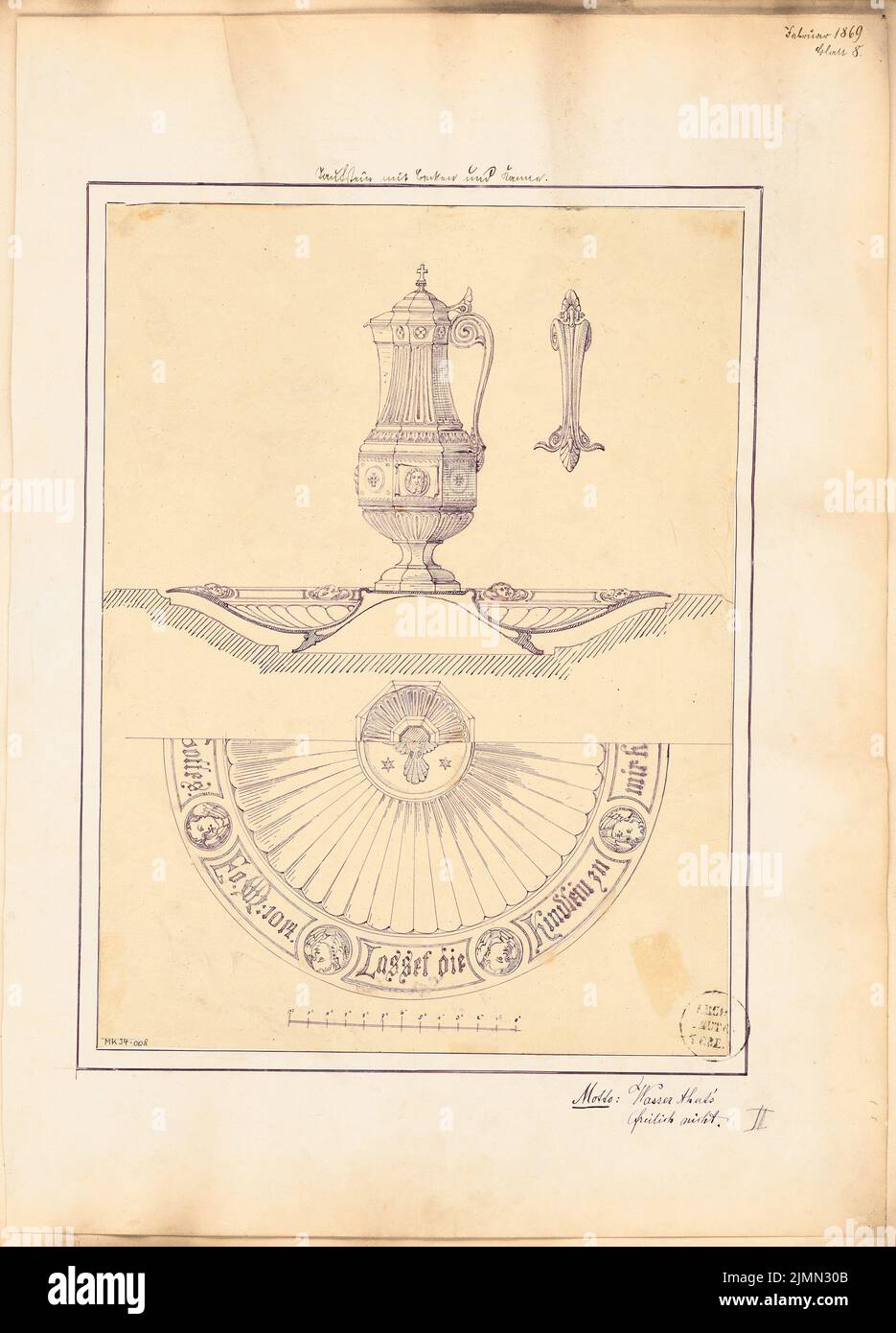 Luthmer Ferdinand (1842-1921), Taufbecken mit Becken und Krug. Monatlicher Wettbewerb Februar 1869 (02,1869): Variante II: Seitenansicht des Kännchens, Schnitt und Draufsicht der Schale; Skalenbalken. Tinte auf Transparent, 58,9 x 42,4 cm (einschließlich Scankanten) Stockfoto