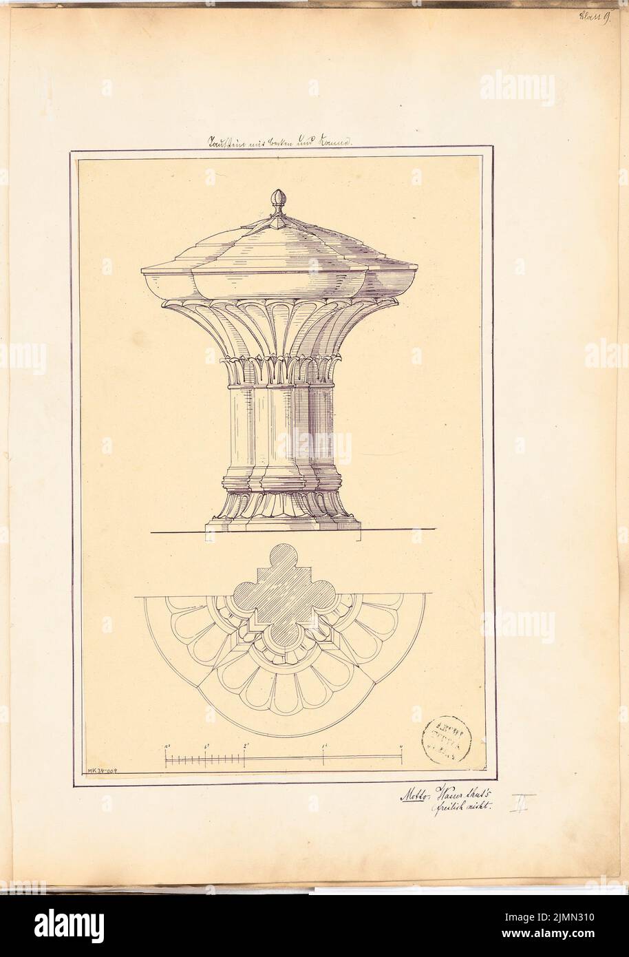 Luthmer Ferdinand (1842-1921), Taufbecken mit Becken und Krug. Monatlicher Wettbewerb 1869. Februar (02,1869): Variante II: Grundriß und Seitenansicht des Taufwerks; Maßstabsbalken. Tinte auf Transparent, 60,1 x 42,3 cm (einschließlich Scankanten) Stockfoto